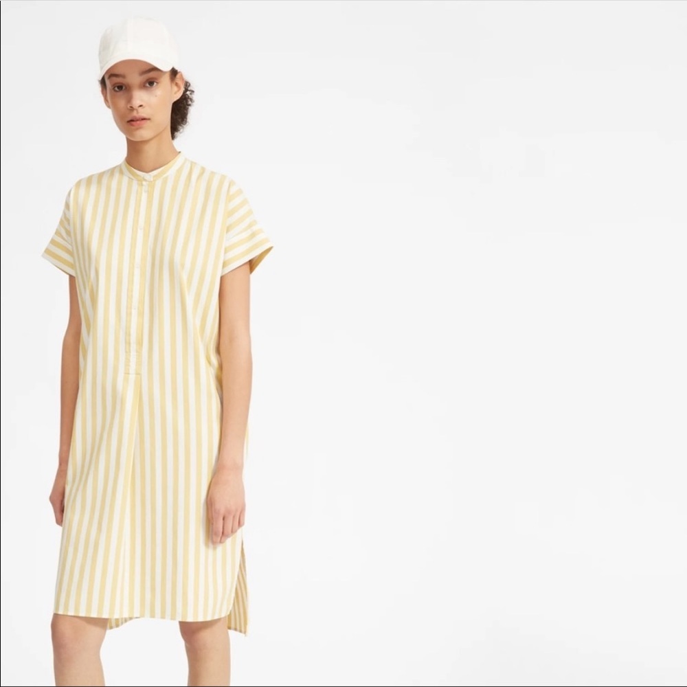 Everlane Cotton Popover Striped Midi Shirtdress Yellow White Striped Resort